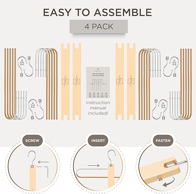 MORALVE Pants Hangers Space Saving - 4 Pack European Beechwood Scarf and Jean Hangers - Closet Organizer and Space Saver Pant