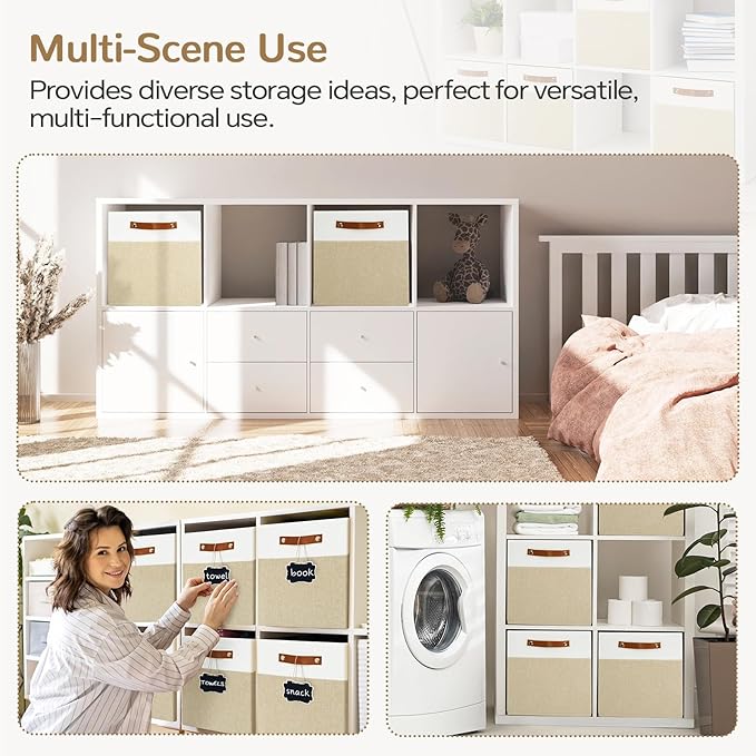 13x13 Storage Cubes 4-Pack, Large Foldable Fabric Cube Storage Bin with Reinforced Bottom and Labels, Organizer Baskets for S