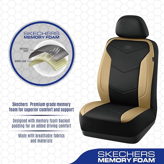 Skechers Memory Foam Seat Covers,Leather Car Seat Covers, Ultimate Comfort & Support Seat CoversFull Sets,Airbag Compatible, 