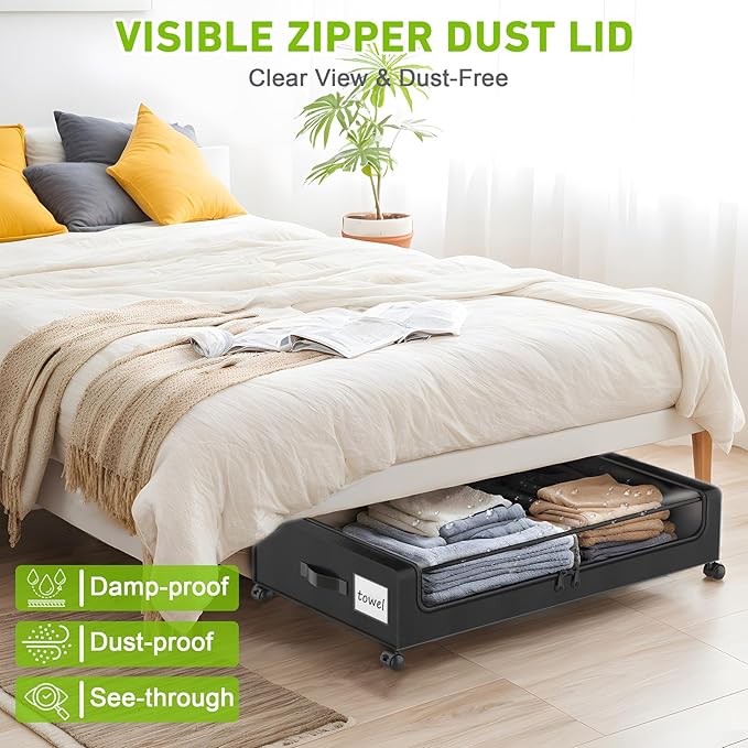 Under Bed Storage with Wheels, 2-Pack Under the Bed Storage Containers with Clear Lids & Label, Underbed Storage Bins, XXL 60