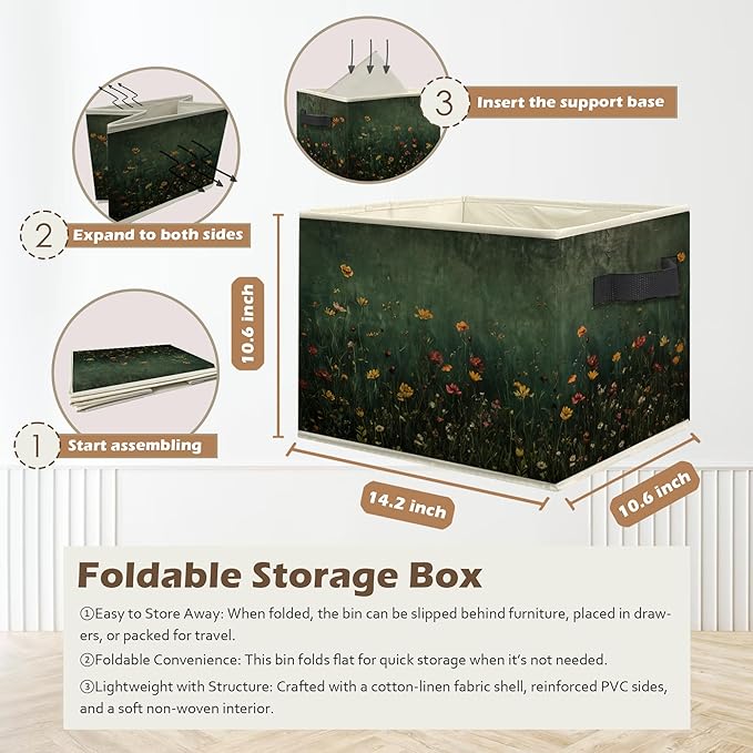 Dark Green Wildflower Storage Box Bins, Dark Cottagecore Floral Botanical Collapsible Storage Basket Organizer for Bedroom La