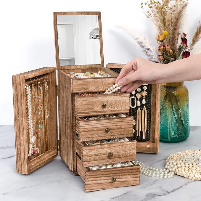 Meangood Jewelry Box Wood for Women, 5-Layer Large Organizer Box with Mirror & 4 Drawers for Rings, Earrings, Necklaces, Vint