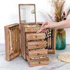 Meangood Jewelry Box Wood for Women, 5-Layer Large Organizer Box with Mirror & 4 Drawers for Rings, Earrings, Necklaces, Vint