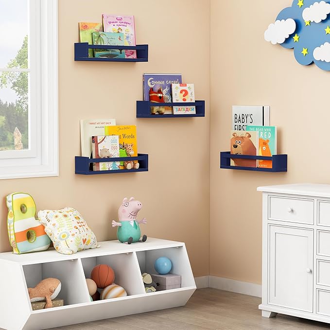Forbena Navy Blue Floating Book Shelves for Nursery Boy, Decorative Wall Bookshelf for Kids Room, Small Wood Floating Shelves