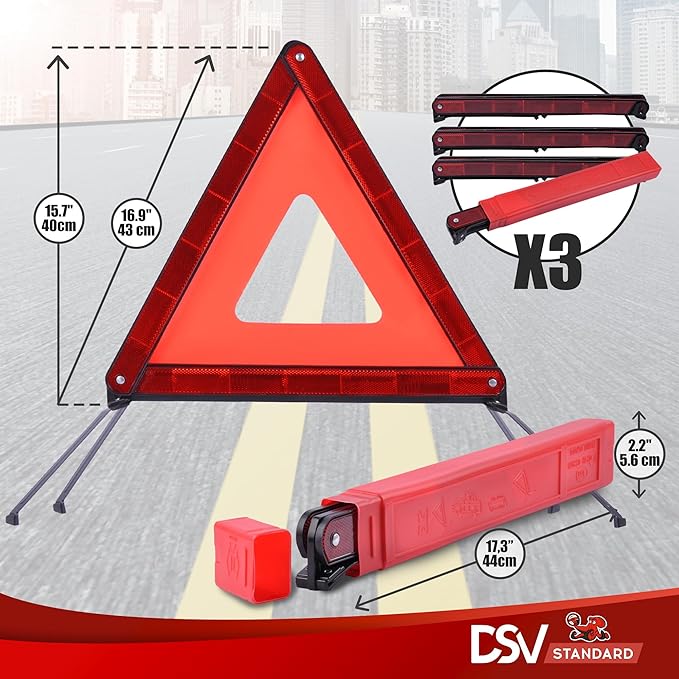 DSV Standard Emergency Triangles, Warning Triangles for Vehicles, Reflective Triangle, Safety Triangles with Case for Vehicle