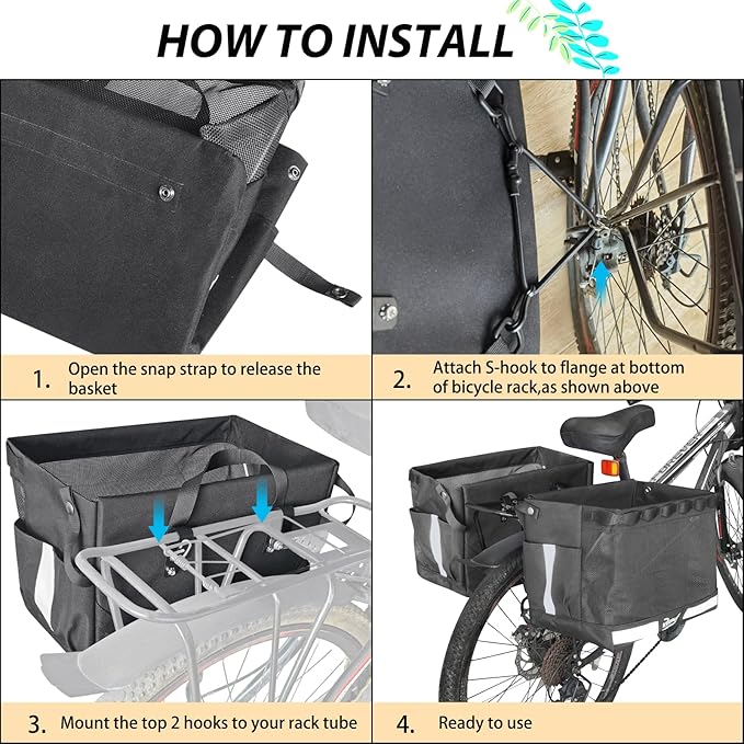 RAYMACE 2Pack Bike Grocery Panniers for Bicycles and Ebikes,Bike Rack Bags with Reflective Spots and Side Pockets,Folding Bike Basket Fits for Most Rear Racks (Black)