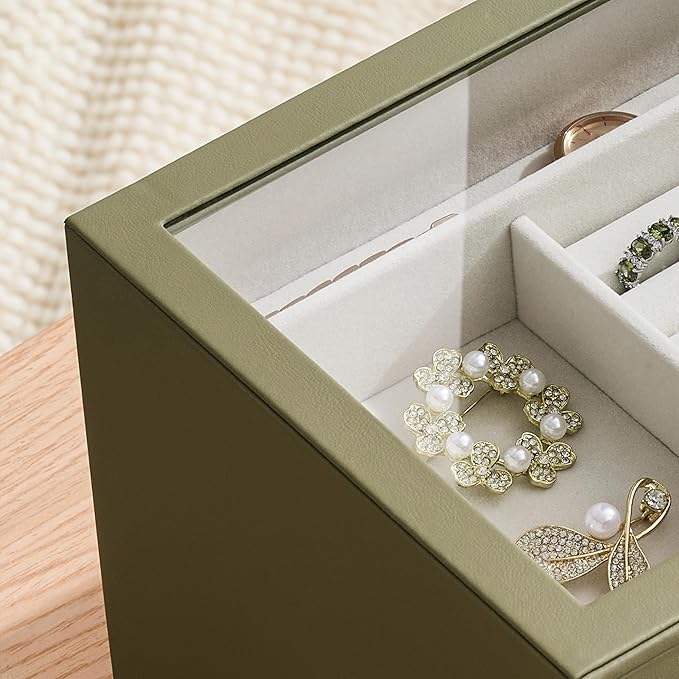 Jewelry Box Organizer Case for Women: 4-Layer Jewelry Storage Case with Glass Window, Olive Green Leather with Cream Velvet, 