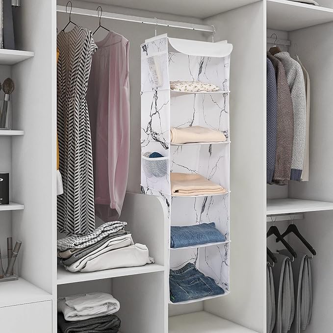 BrilliantJo 5 Shelves Hanging Closet Organizer, 2 Pack Hanging Storage with 6 Side Pockets for Clothes Shoes, 43"x12"x12"(Mar