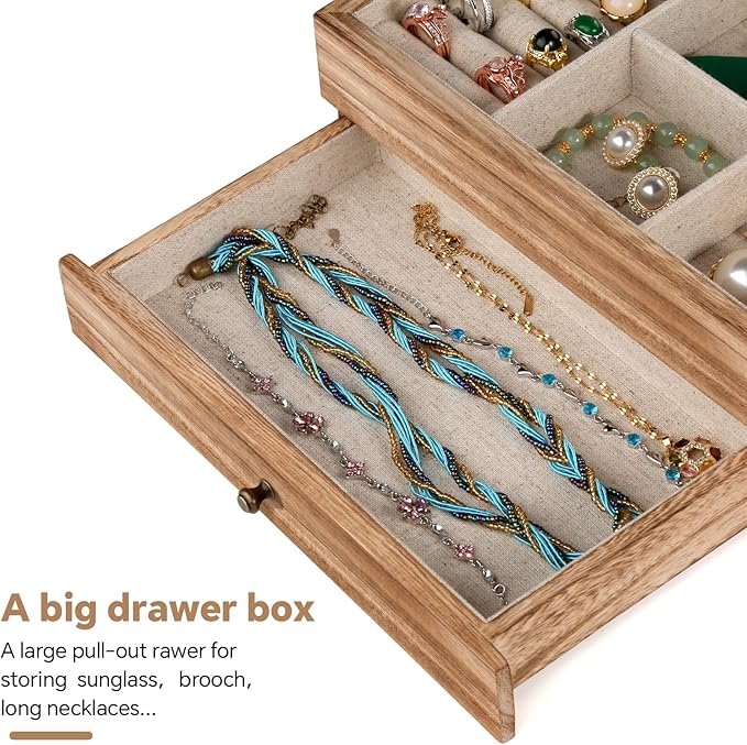 Meangood Jewelry Box Organizer for Women, 2 Layer Large Jewelry Storage Case, Rustic Wooden Jewelry Box with Mirror & Ring Tr