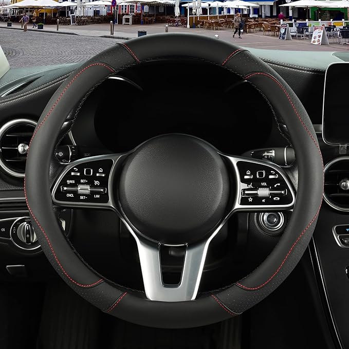 Microfiber Leather Steering Wheel Cover, Breathable, Anti Slip, 13.5 inch to 14 inch, Black