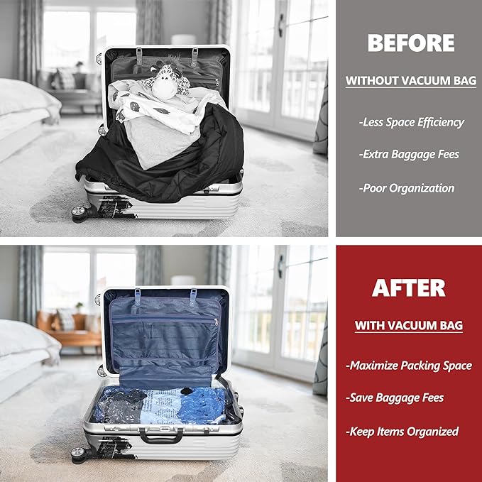 Vacuum Bags for Travel with Rechargeable Pump, 10 Large Compression Packing Seal Bags for Luggage Suitcase, Space Saver for C