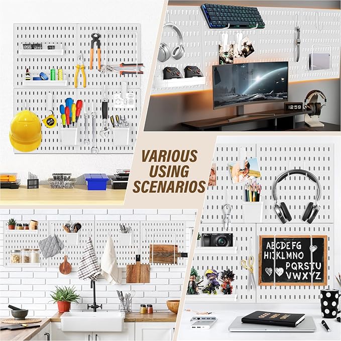 AKTOP Peg Board Wall Organizer 4-Pack – 12"x12" White Pegboard Combination Kit with 13 Accessories for Wall, Plastic Peg Boar