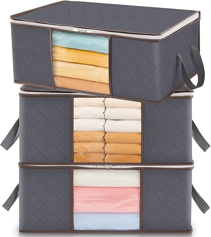 Lifewit 3 Pack 35L Clothes Storage Bins with Lids, Foldable Blanket Storage Bags with Zippers, Clear Window and Reinforced Ha