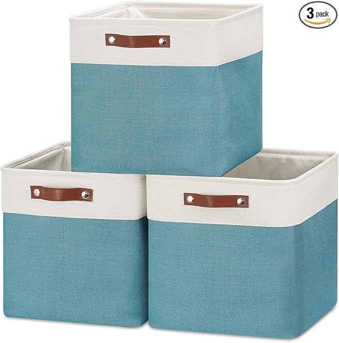 HNZIGE Foldable Storage Cubes & Baskets (3 Pack) - 13 Inch Storage Bin with Leather Handles for Toys, Clothes, Kids, Closet (