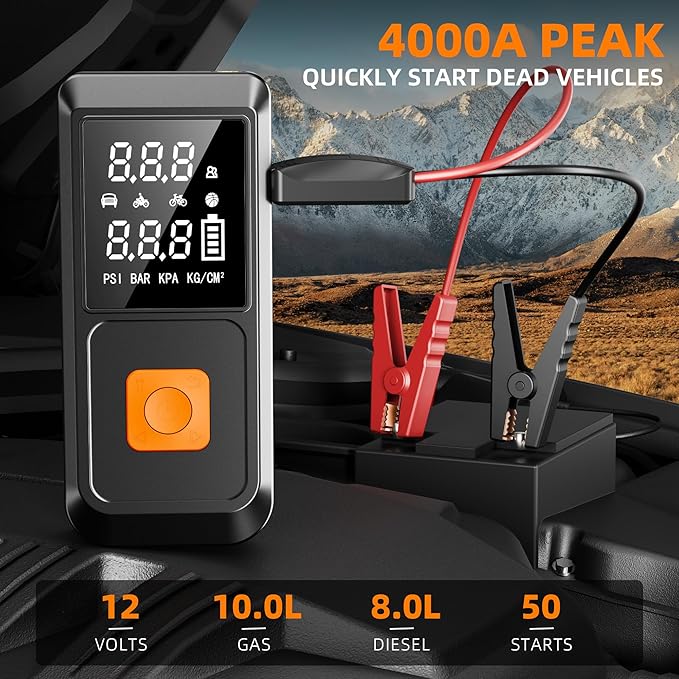 GOLDFOREST Car Battery Jump Starter with Air Compressor 4000A 150PSI, Portable Car Jumper Starter (10L Gas/8L Diesel), 12V Jump Box with Auto-Stop Tire Inflator, LCD Display, LED Light, Jumper Cables