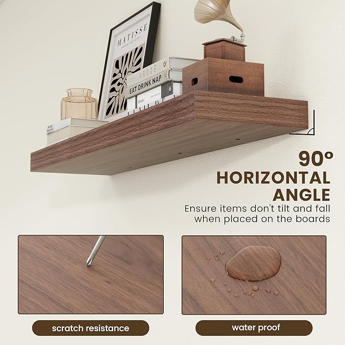 48 Inch Walnut Floating Shelf | 12 Inch Deep Floating Shelves Set of 1 | 48" D x 12" D Rustic Wood Shelves for Wall | Deep Wa