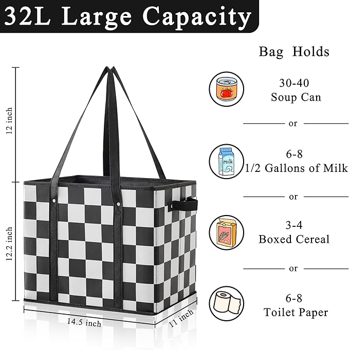 Checkered Reusable Grocery Bags Heavy Duty 3 Pack Foldable Shopping Bags with Handles for Groceries Collapsible Tote