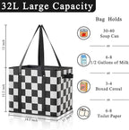 Checkered Reusable Grocery Bags Heavy Duty 3 Pack Foldable Shopping Bags with Handles for Groceries Collapsible Tote