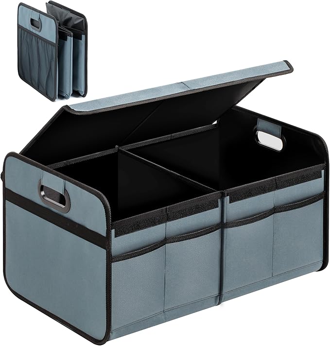 YSSOA Car Trunk Organizer with Lid, Collapsible 2 Compartment Automotive Storage Box, 600D Waterproof Oxford Polyester 50L