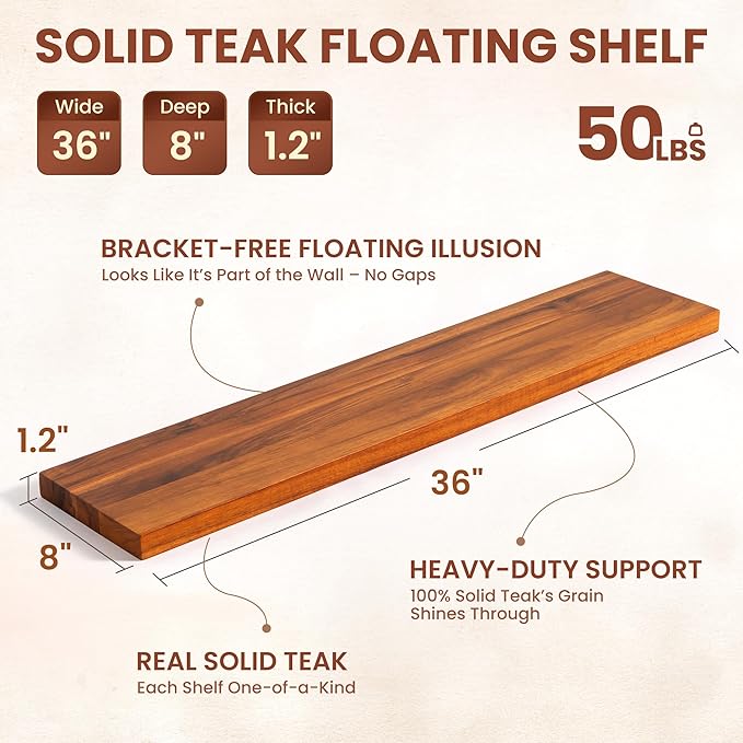 Teak Floating Shelves Set of 2-36 Inch Natural Waterproof Wood Wall Shelves with Invisible Brackets for Bathroom, Kitchen, Ba