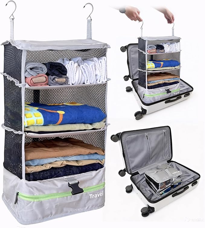 Grand Fusion Stow-N-Go Portable Hanging Travel Shelves, Packing Organizer for Luggage. Carry on Closet with Hanger for Clothe