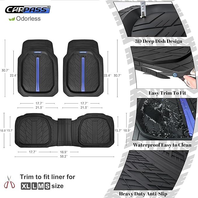 CAR PASS Tire Tread DeepDish Rubber Floor Mats for car Heavy Duty car mats All Weather, Universal XL~M Trim to Fit for Truck SUV Vehicle Automotive, Waterproof car mats 3 Piece(Blue Black)