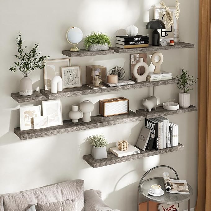 55 Inch Floating Shelves for Wall Set of 2, 8"D Wood Grain Bathroom Shelves with Invisible Brackets, Easy Install Engineered 