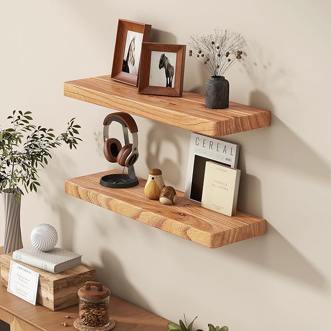 Fun Memories 24 Inch Floating Shelves, Rustic Solid Wood Wall Shelves Set of 2, 8 Inch Deep Floating Shelf for Bathroom, Bedr
