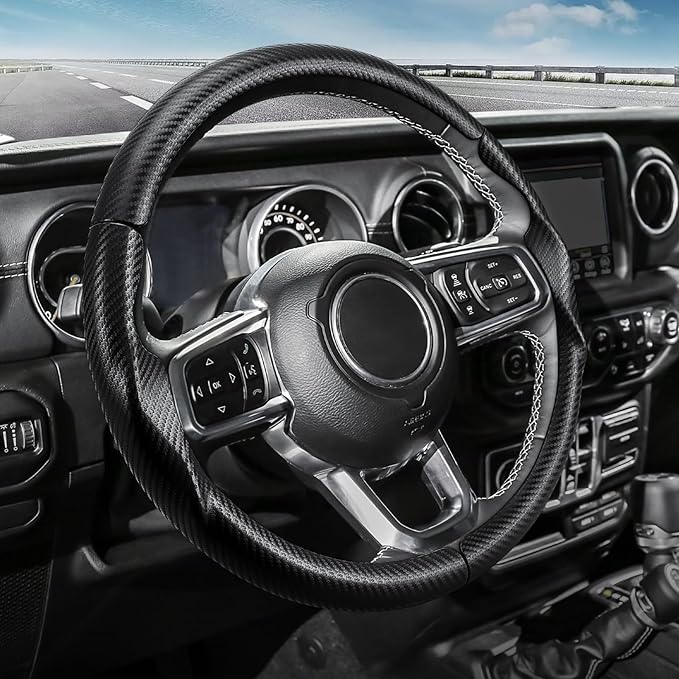 3-Piece Carbon Fiber Steering Wheel Cover, Custom Fit for Jeep Wrangler 2018-2026 Gladiator 2020-2026,Quick Install Ultra-Thin & Non-Slip,Interior Car Accessories for Men Women(Matte Black)