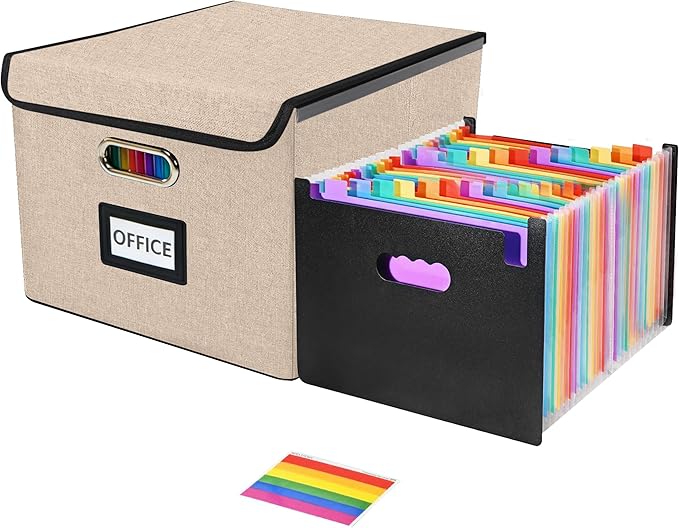 File Organizer Box with 25-Pocket Accordion Folder, File Folder & Protective Lid - Document Storage for Home, Office, School,