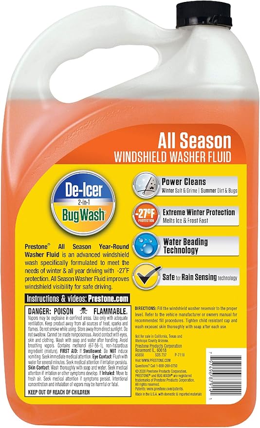 Prestone AS658 All Season 2-in-1 Windshield Washer Fluid, Year Round, De-Icer + Bugwash, 1 Gallon