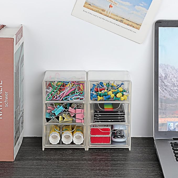 BTSKY 2 Pack Small Acrylic Storage Organizer with Drawers, 3-Layer Clear Desktop Organizer for Office Supplies Mini Storage B