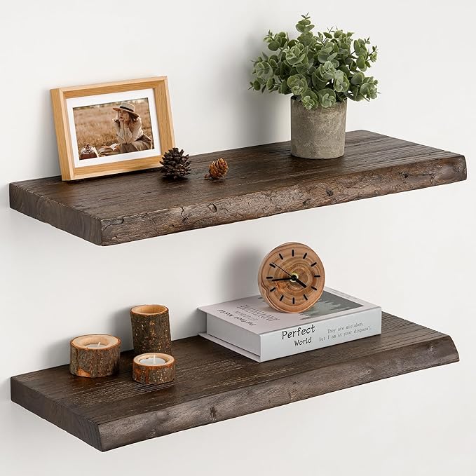 Floating Shelves Set of 2, Solid Elm Wood Wall Shelves 24 Inch - Invisible Bracket Mount for Living Room, Bedroom, Kitchen, B