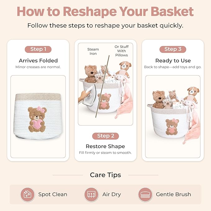Pink Teddy Bear Storage Basket for Baby Girl Nursery – 15"x11" Cotton Rope Bin with Embroidered Bear Patch – Toy Organizer, B