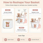 Pink Teddy Bear Storage Basket for Baby Girl Nursery – 15"x11" Cotton Rope Bin with Embroidered Bear Patch – Toy Organizer, B