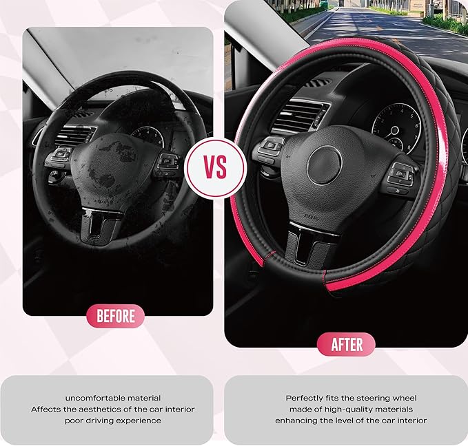 Road Comforts Leather Steering Wheel Cover – Black & Hot Pink, Universal Fit 14.5-15 Inch, Microfiber Leather, Anti-Slip & Br
