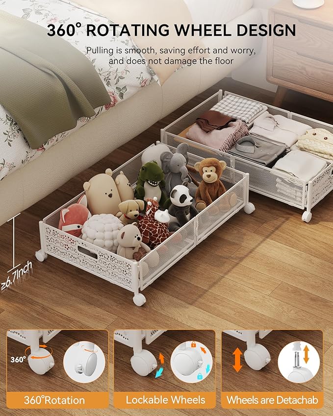 Under Bed Storage with Wheels, Foldable Pattern Carved Metal Under The Bed Storage, Tool-Free Assembly Under The Bed Storage 