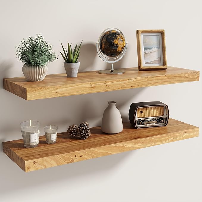 Fun Memories Solid Elm Wood Floating Shelves Set of 2-30 Inch Rustic Wall Shelves with Heavy-Duty Invisible Brackets - for Li