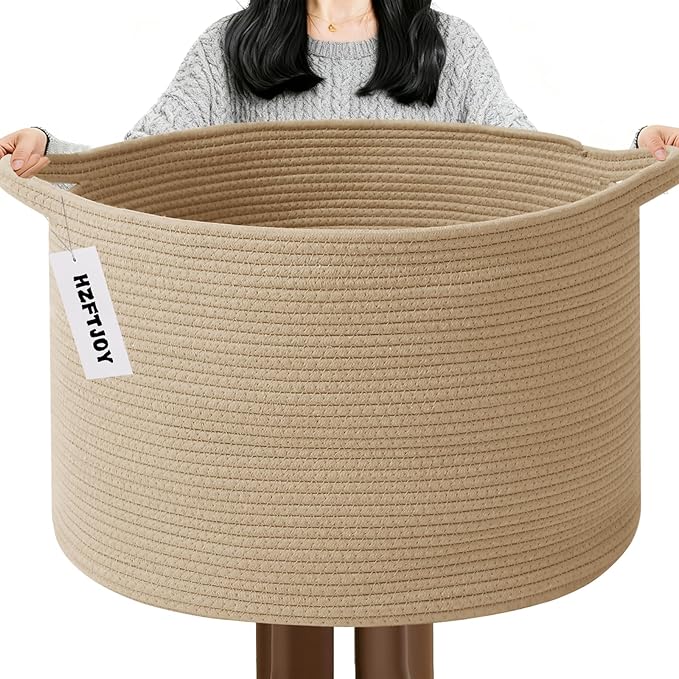 65L Extra Large Woven Cotton Rope Blanket Basket with Handles, Laundry Hamper Storage Bin for Pillows, Comforters,Clothes, To