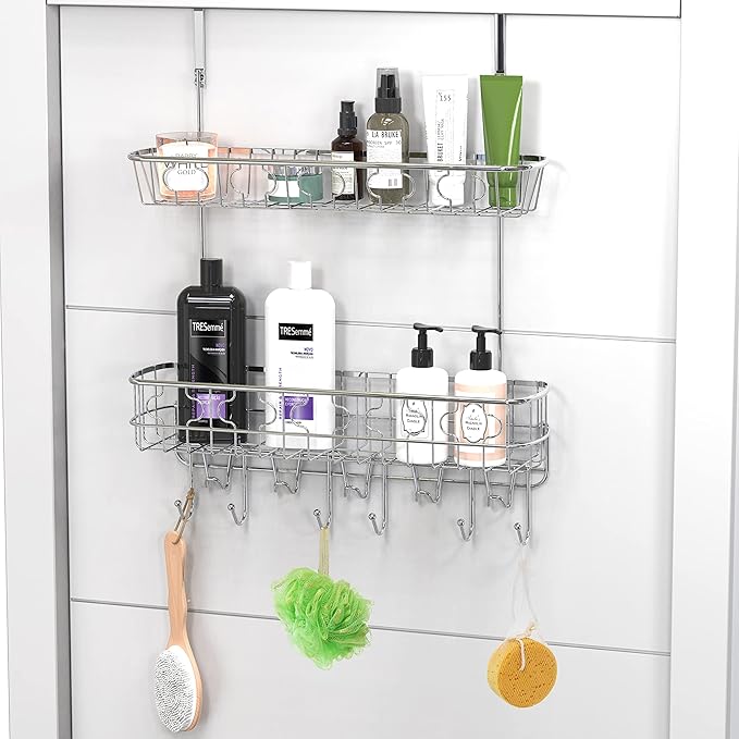 Simple Houseware Over The Door Hanging Shelf Organizer,11 Hooks with Dual Basket, Chrome
