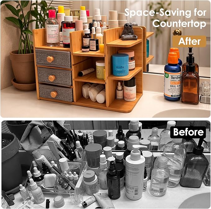 Large Makeup Organizer For Vanity, Large Capacity 3 Tiers Bamboo Bathroom Counter Organizers and Storage, Countertop Makeup B