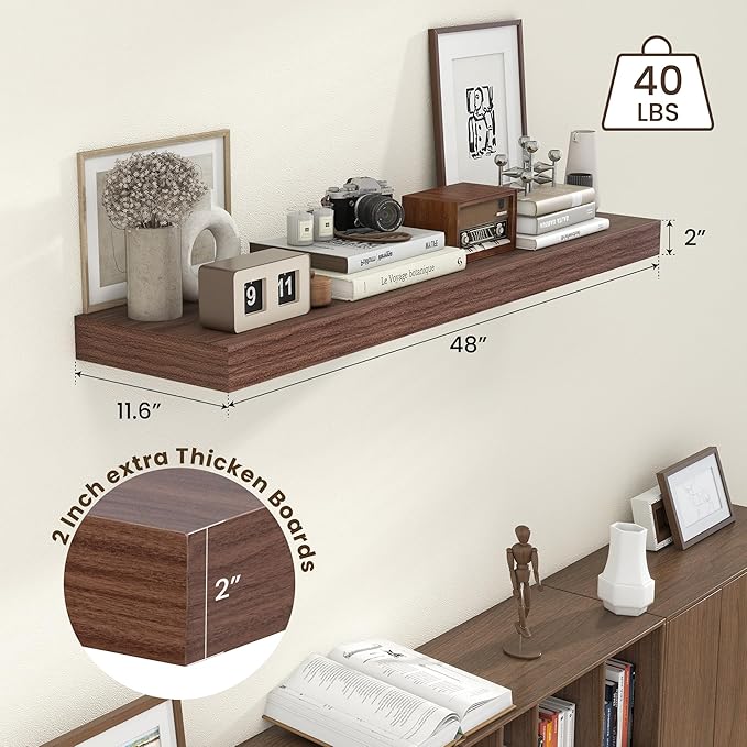 48 Inch Walnut Floating Shelf | 12 Inch Deep Floating Shelves Set of 1 | 48" D x 12" D Rustic Wood Shelves for Wall | Deep Wa