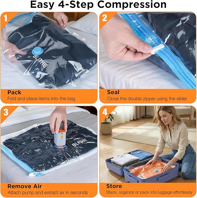Vacuum Storage Bags with Cordless Pump, 16-Pack Space Saver Vacuum Seal Bags for Blankets, Clothes & Bedding, Reusable Compre