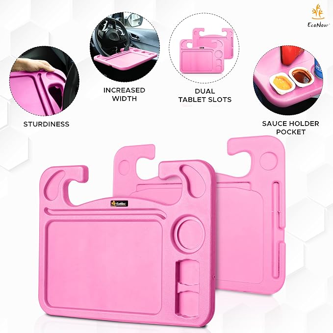 EcoNour 4 in 1 Car Steering Wheel Tray - 2024 Upgraded Pink Tray with Dual Sauce Dip Holder and Tablet Holder | Spacious Steering Wheel Desk for Food and Laptop | Car Accessories (Large)