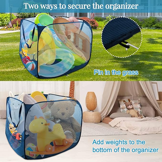 Pop up Pool Toy Storage Bin,32"X32"X30"Pool Float Organizer Bag with 2 Side Pockets Mesh Swimming Pool Toys Organizer with 4 