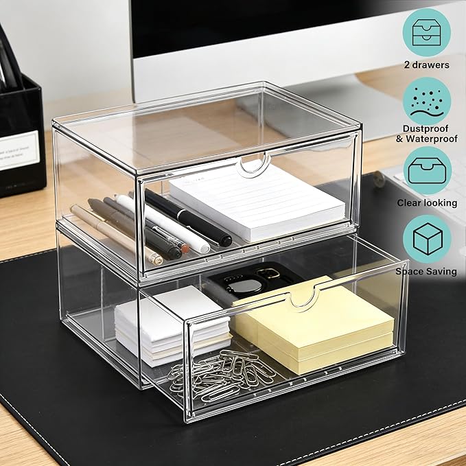 Prsildan Acrylic Makeup Organizer, 2 Pack Stackable Clear Storage Drawers for Baby Bottles Desk Organizers with 2 Drawers for