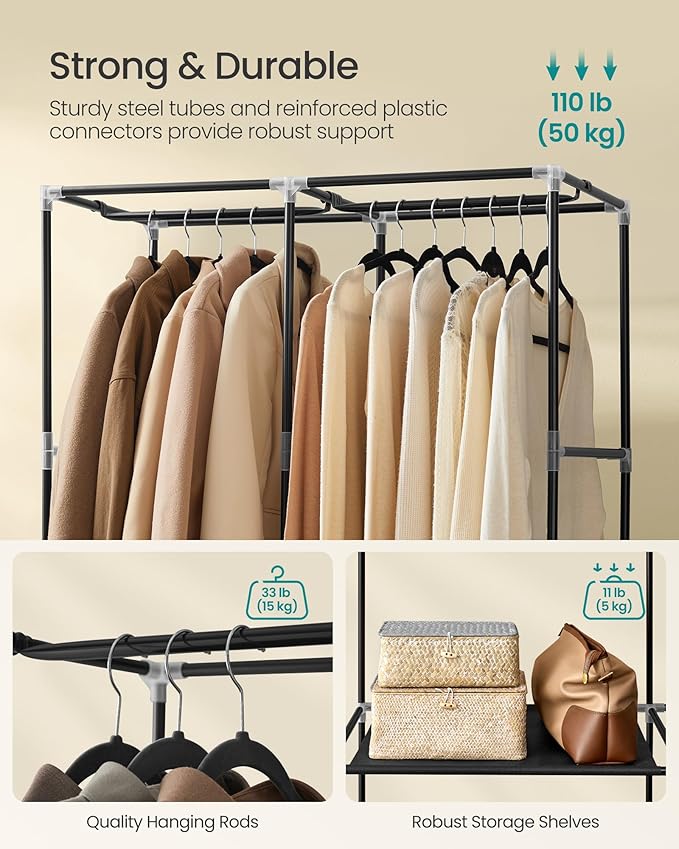 SONGMICS Portable Closet, Wardrobe Closet Organizer with Cover, 2 Hanging Rods and Shelves, 4 Side Pockets, 33.9 x 17.7 x 65.