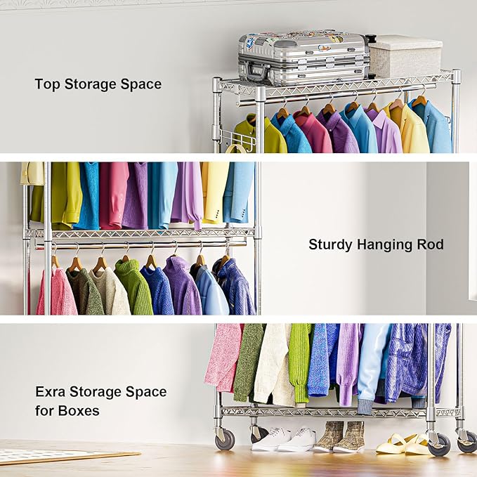 M MZG Heavy Duty Rolling Garment Rack 3 Tiers Adjustable Wire Shelving Clothes Rack with 2 Rods and Side Hooks,Storage Closet
