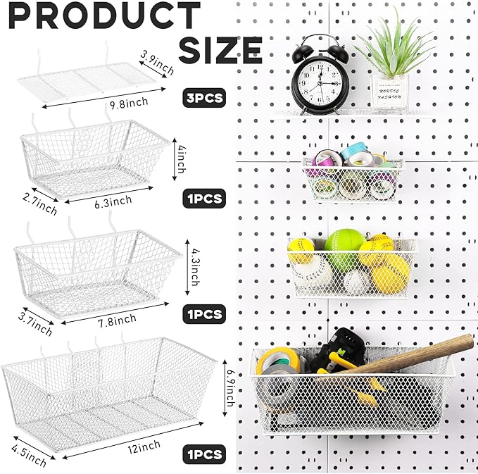 Sieral 6 Pieces Pegboard Baskets Wall Mount Wire Peg Board Baskets 3 Sizes Pegboard Accessories Slatwall Bins Basket Home Gar