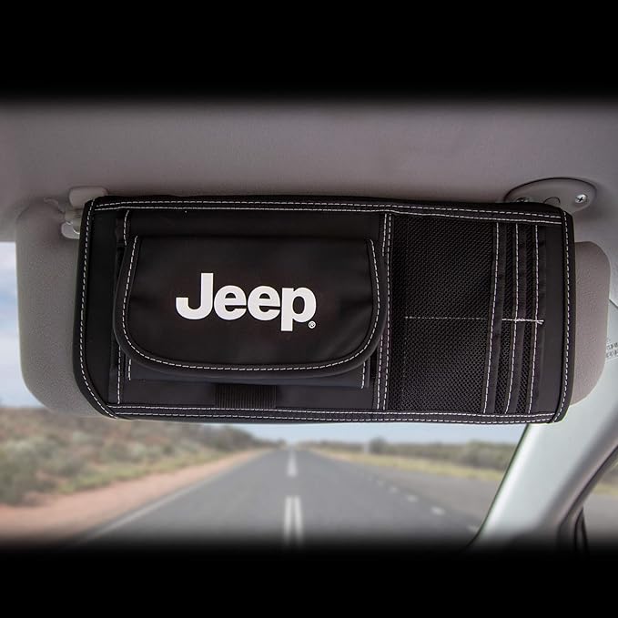 Plasticolor 006196R01 Jeep Logo Car Truck or SUV Sun Visor Organizer, Auto Interior Pocket Organizer, Registration and Document Holder, Personal Belonging Sunglass Storage Pouch Organizer